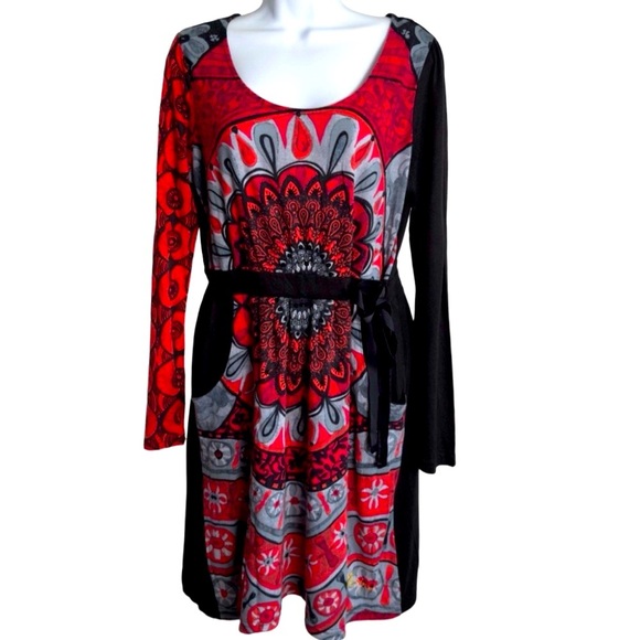 Desigual Red and Black Abstract Print Bohemian Long Sleeve Dress - Picture 1 of 10